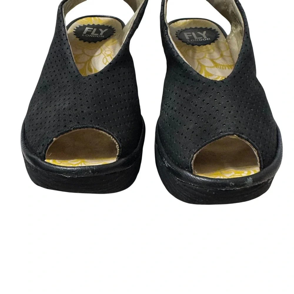 Fly London Yala Wedge Sandals  7 Black Good Perforated Suede P500376028